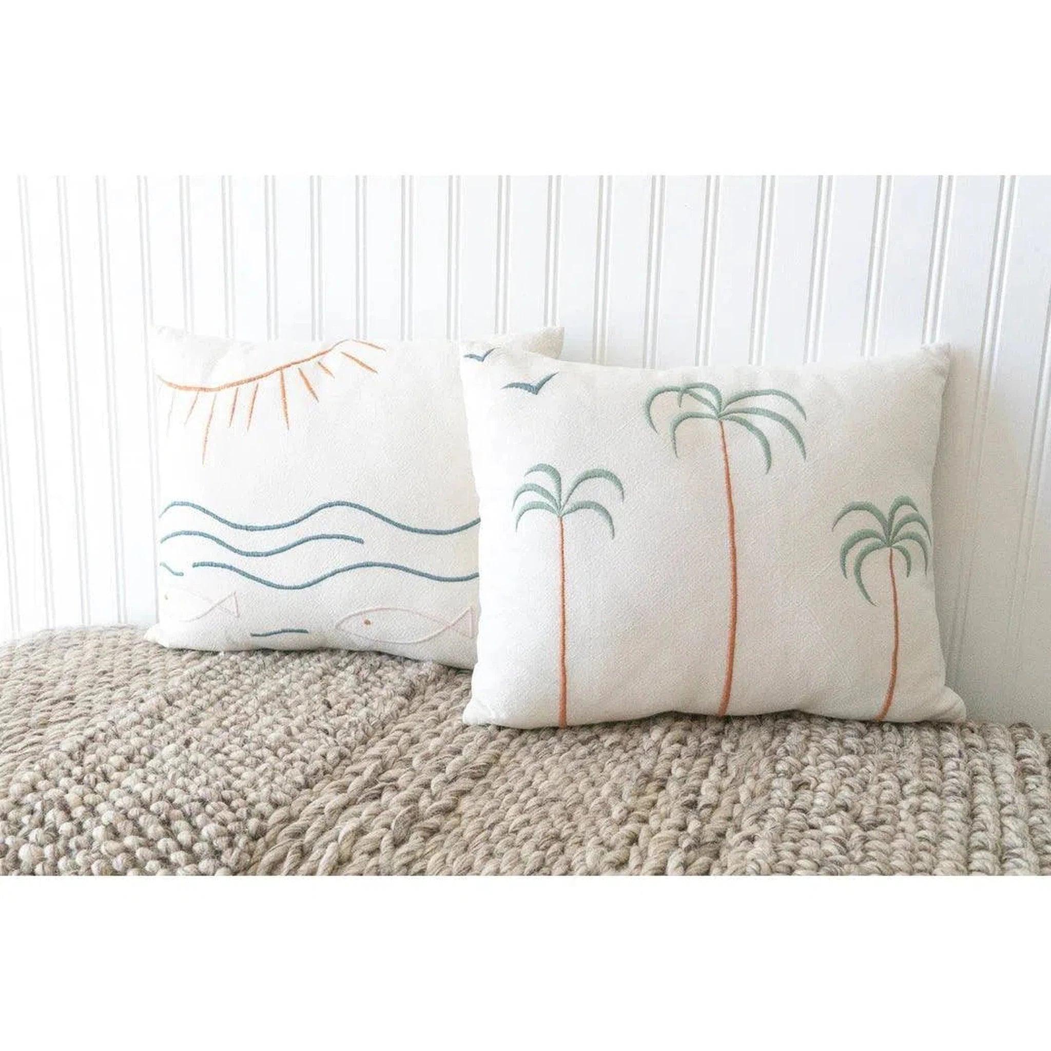 Palm Tree + Birds Embroidered Cotton Pillow Cover