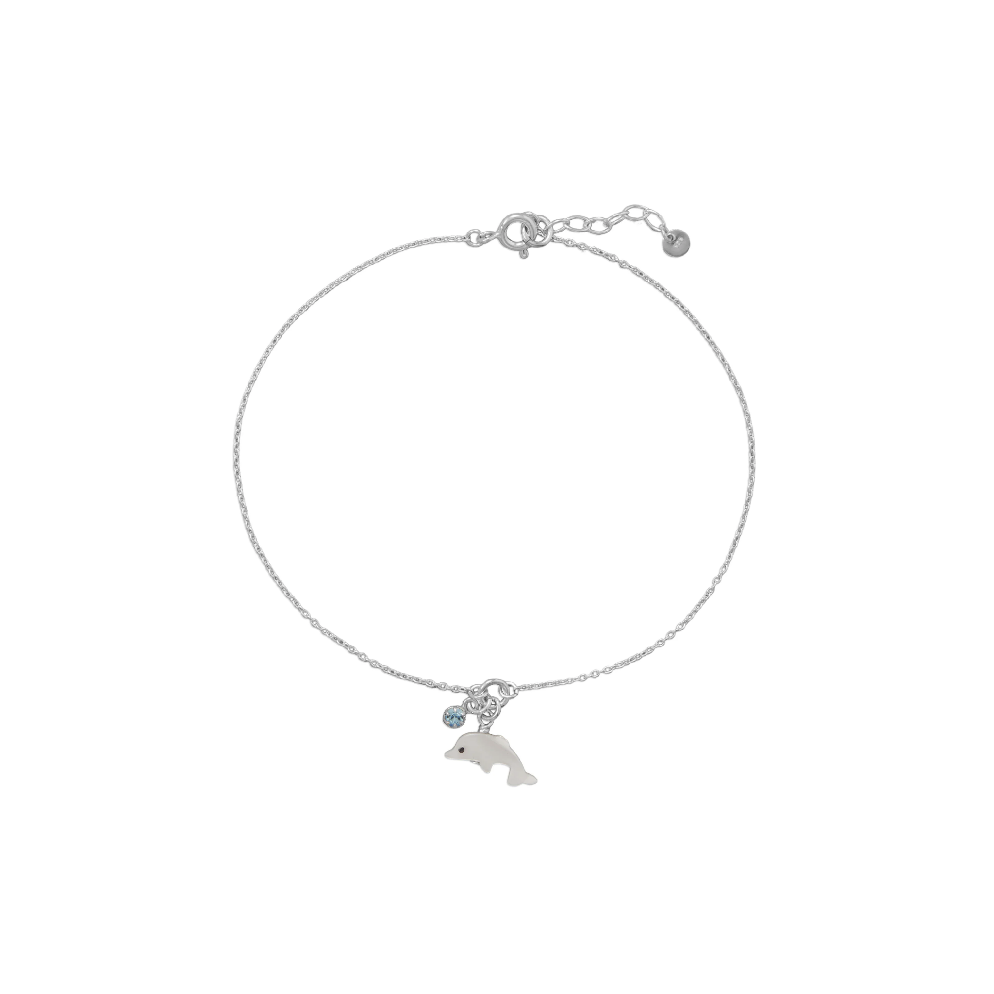Dolphin and Aqua Crystal Sterling Silver Anklet