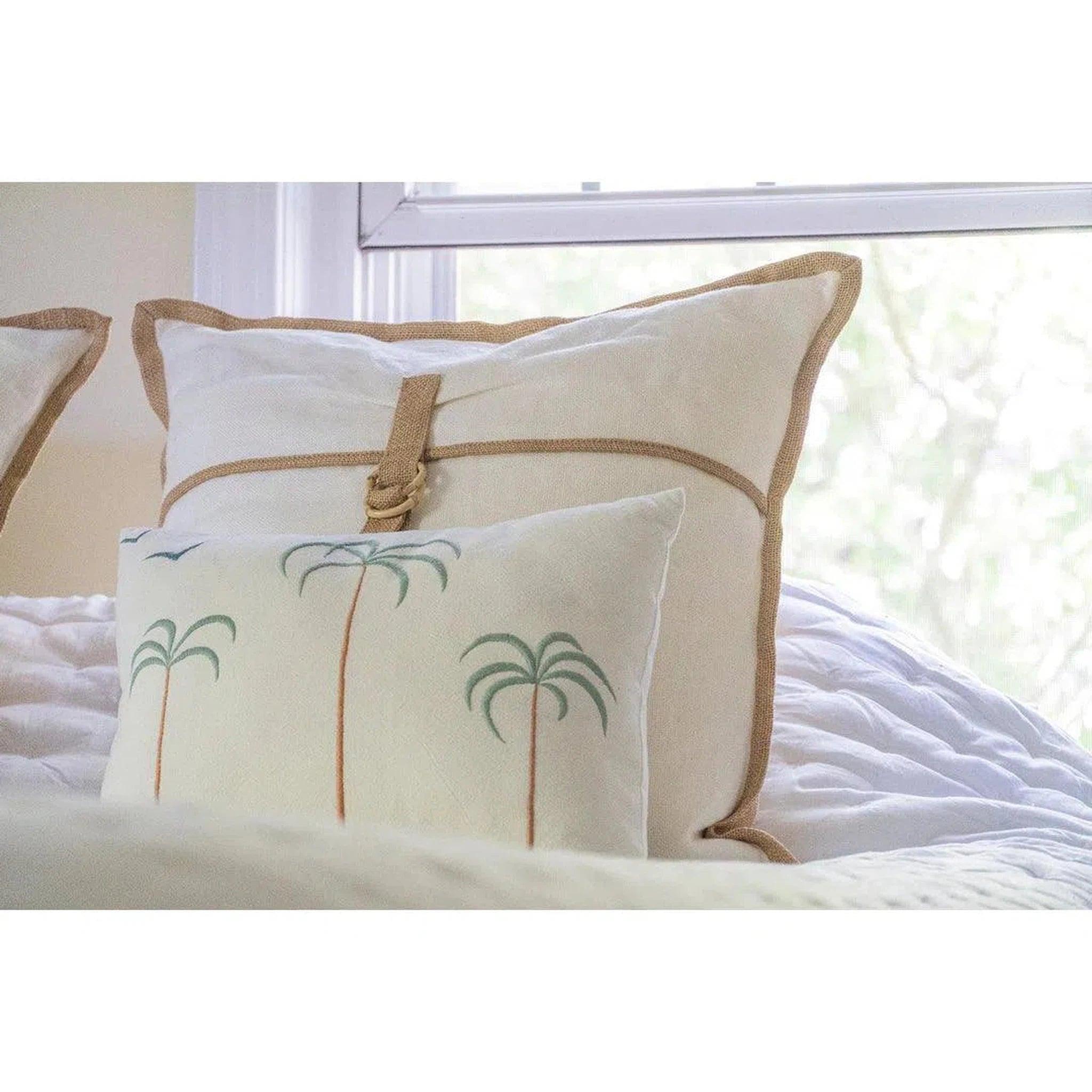Palm Tree + Birds Embroidered Cotton Pillow Cover