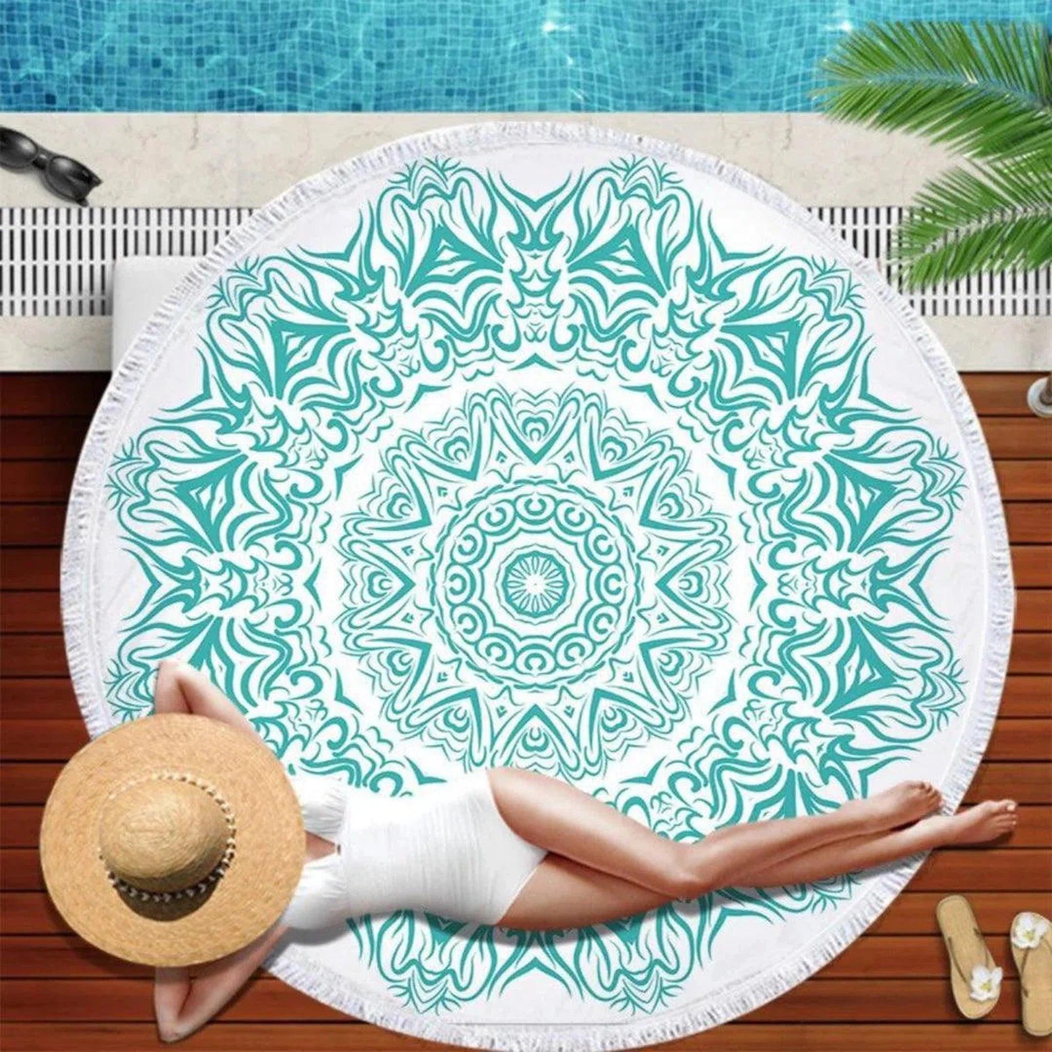 Turquoise Mandala Round Beach Towel