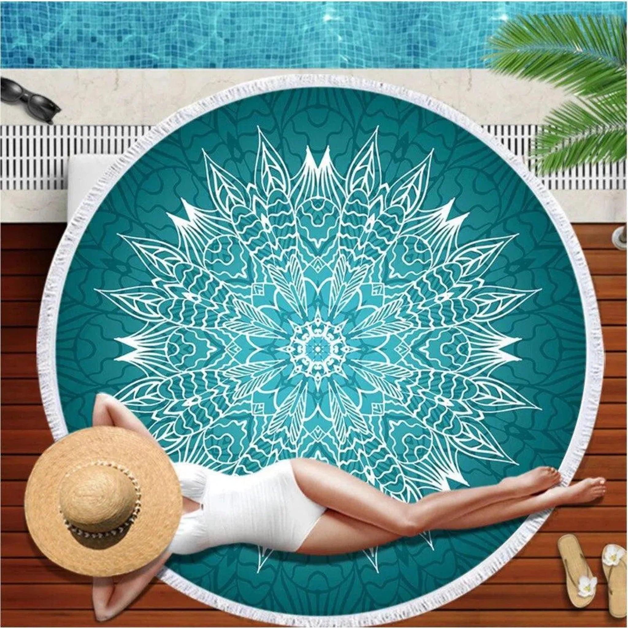 Deep Teal Mandala Round Beach Towel